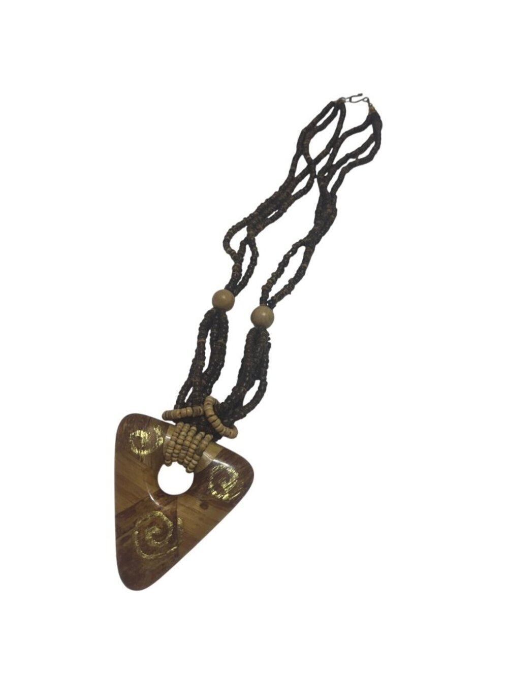 Wood & Bead Pendant Necklace Triangular Design Brown & Golden Accents Tribal